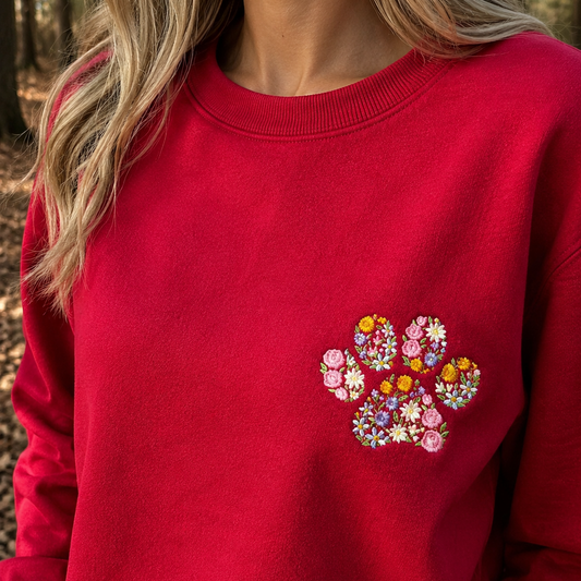 A close-up of a woman wearing a bright red crewneck sweatshirt with a colorful embroidered floral paw print on the left chest, set against a blurred outdoor forest background.