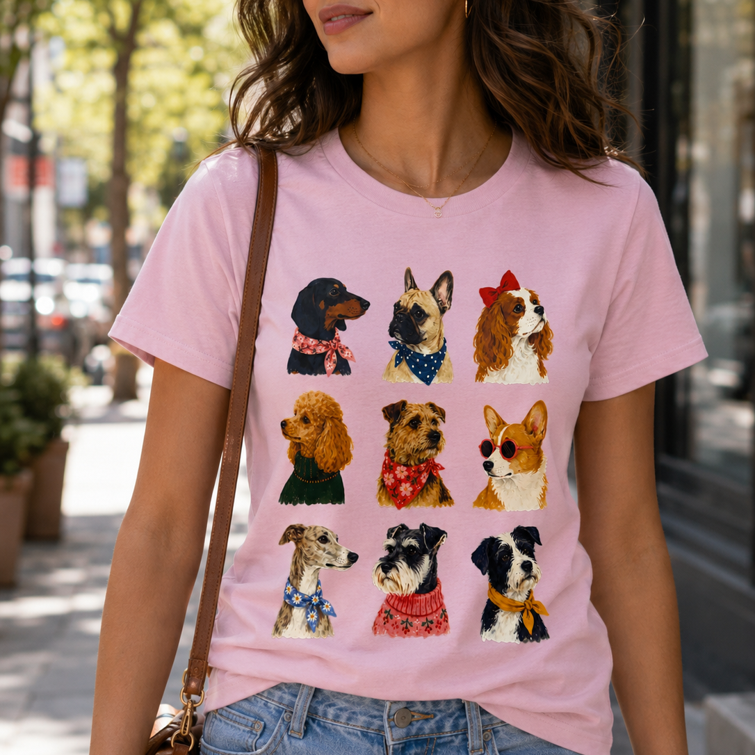 A woman wearing a light pink crewneck t-shirt with a graphic print of nine different dog breeds wearing red and blue bandanas, styled with blue jeans and sunglasses in an outdoor urban setting.