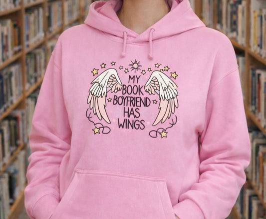 Person wearing a pink hoodie with 'My book boyfriend has wings' design in a library setting