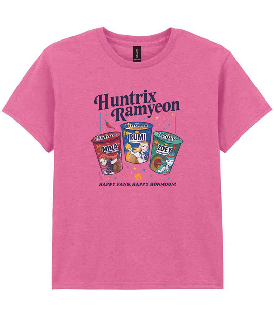 Pink t-shirt with cartoon ramen cups and text on a white background