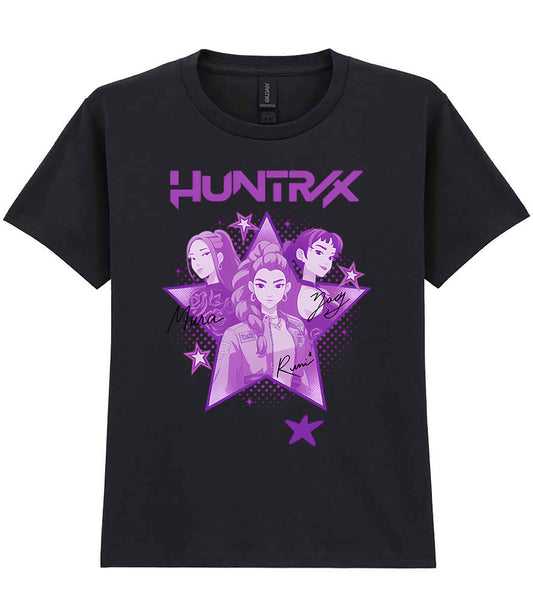 Black t-shirt with purple 'HUNTRX' logo and character illustration on a white background