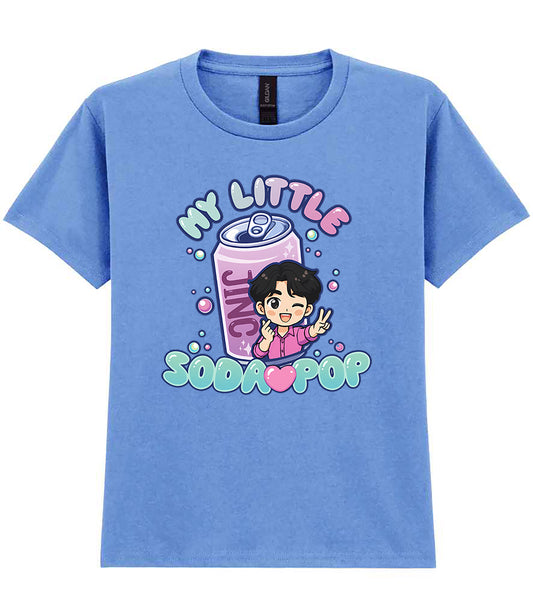 Blue t-shirt with a colorful graphic of a character and soda can, labeled 'My Little Soda Pop'.