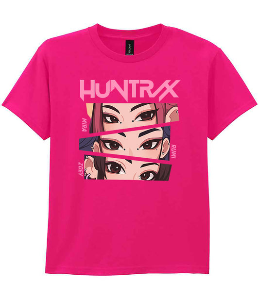 Pink t-shirt with graphic design and 'HUNTRAX' text on a white background