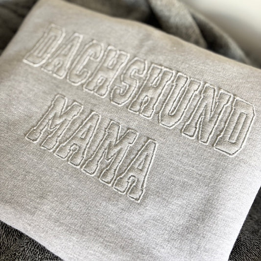 Grae fabric with 'DACHSHUND MAMA' embroidery.