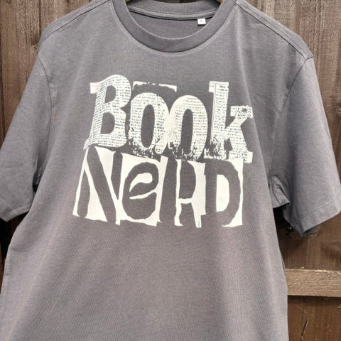 Dark Grey t-shirt with 'Book Nerd' text on a wooden surface