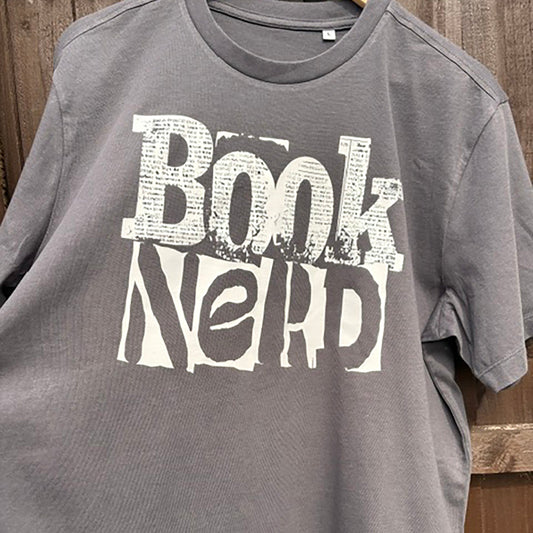 Dark Grey t-shirt with 'Book Nerd' text on a wooden background