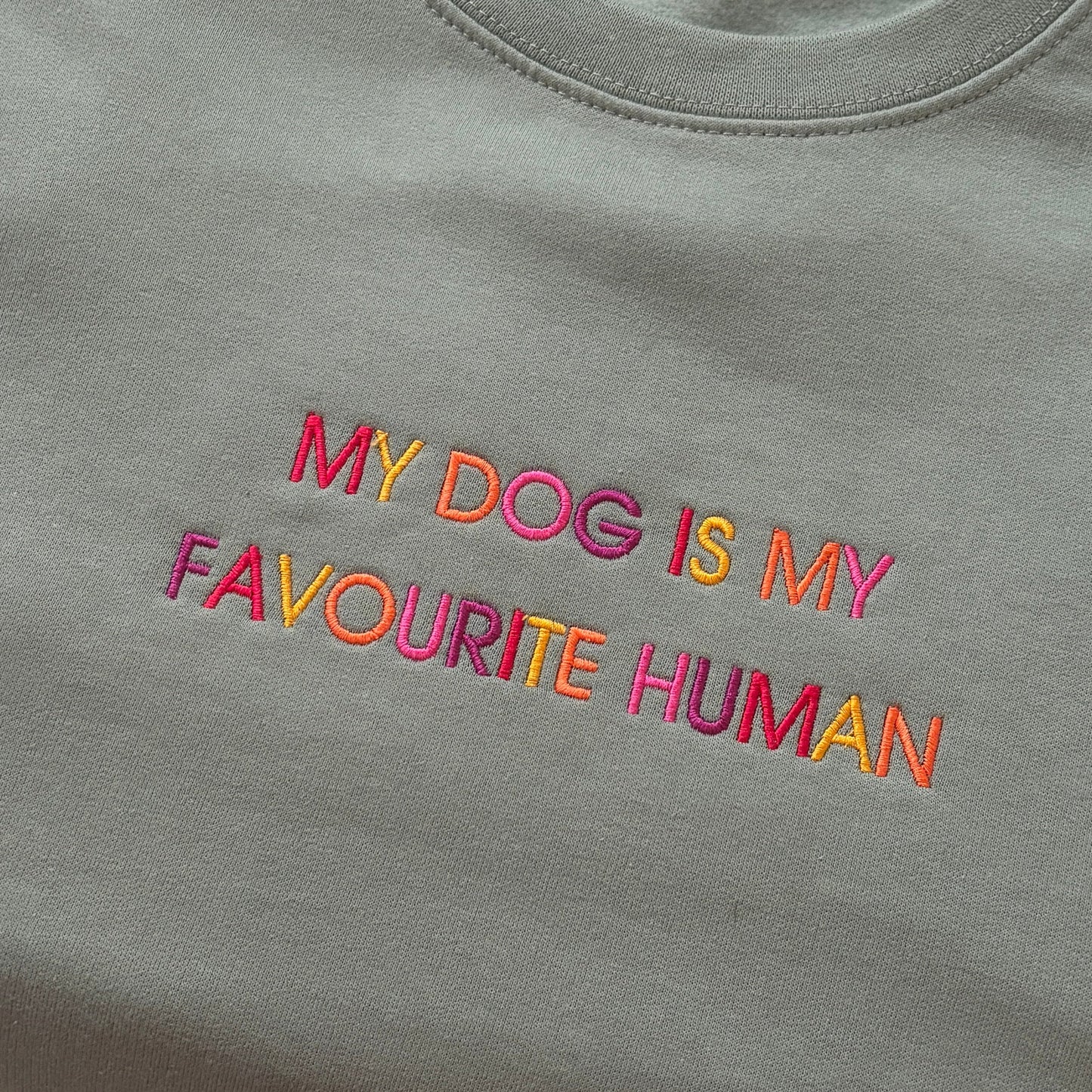A close-up of a sage green crewneck t-shirt featuring colorful embroidered text that reads 'MY DOG IS MY FAVOURITE HUMAN' in pink, orange, and yellow.