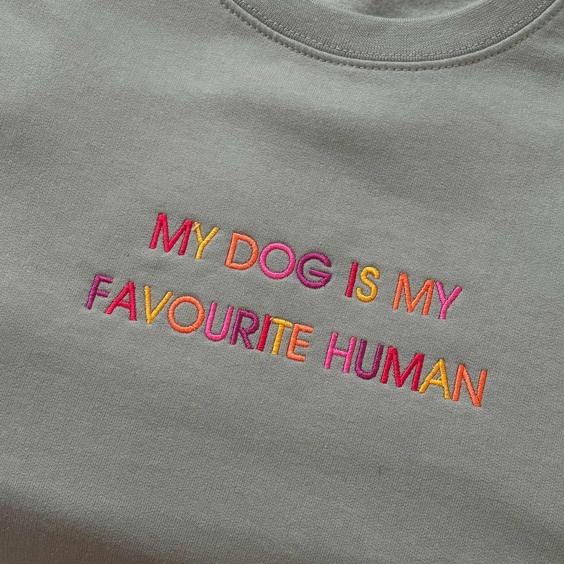 A close-up of a sage green crewneck t-shirt featuring colorful embroidered text that reads 'MY DOG IS MY FAVOURITE HUMAN' in pink, orange, and yellow.
