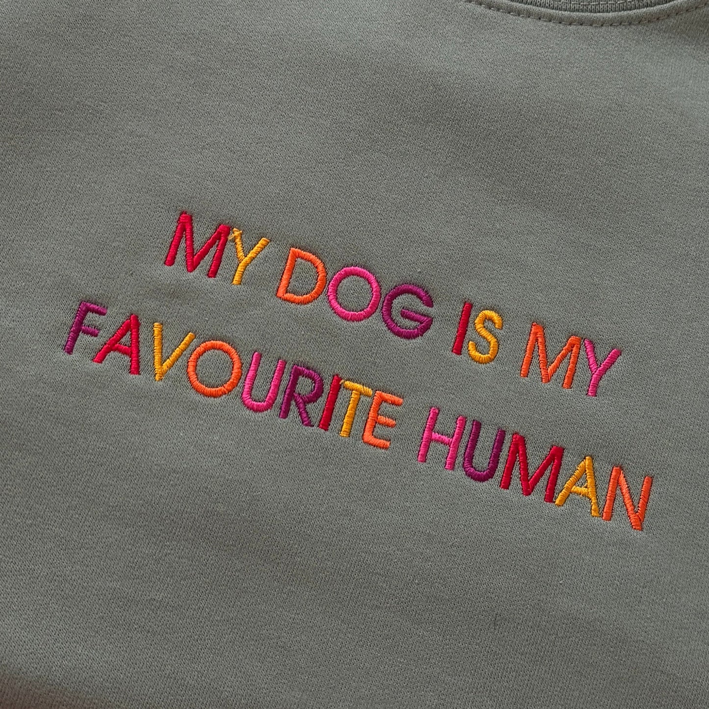 Close-up of a gray sweatshirt featuring colorful embroidered text that reads 'MY DOG IS MY FAVOURITE HUMAN' in pink, orange, and yellow tones.