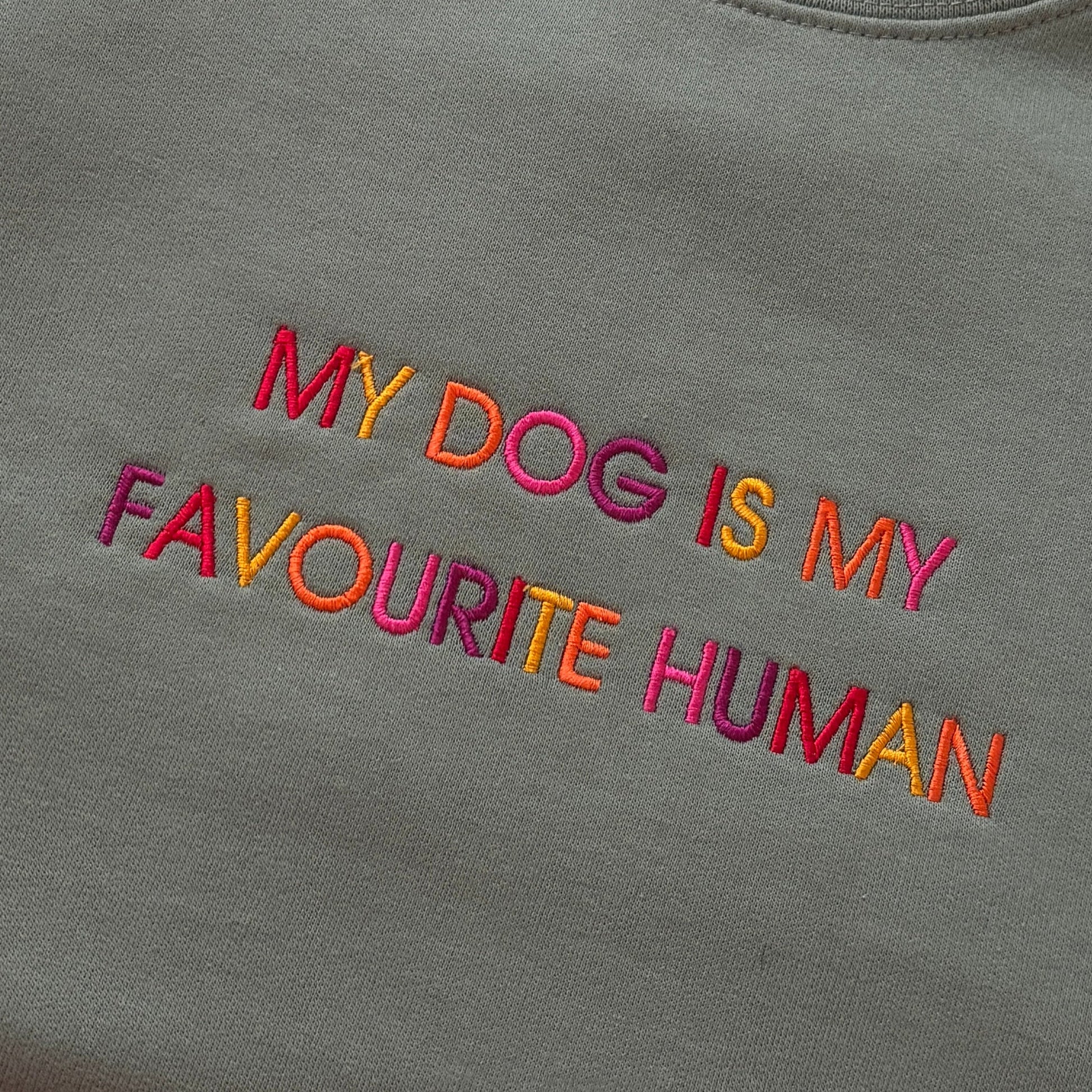 Close-up of a gray sweatshirt featuring colorful embroidered text that reads 'MY DOG IS MY FAVOURITE HUMAN' in pink, orange, and yellow tones.