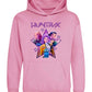 Pink hoodie with 'Huntix' design featuring characters and a star on a white background