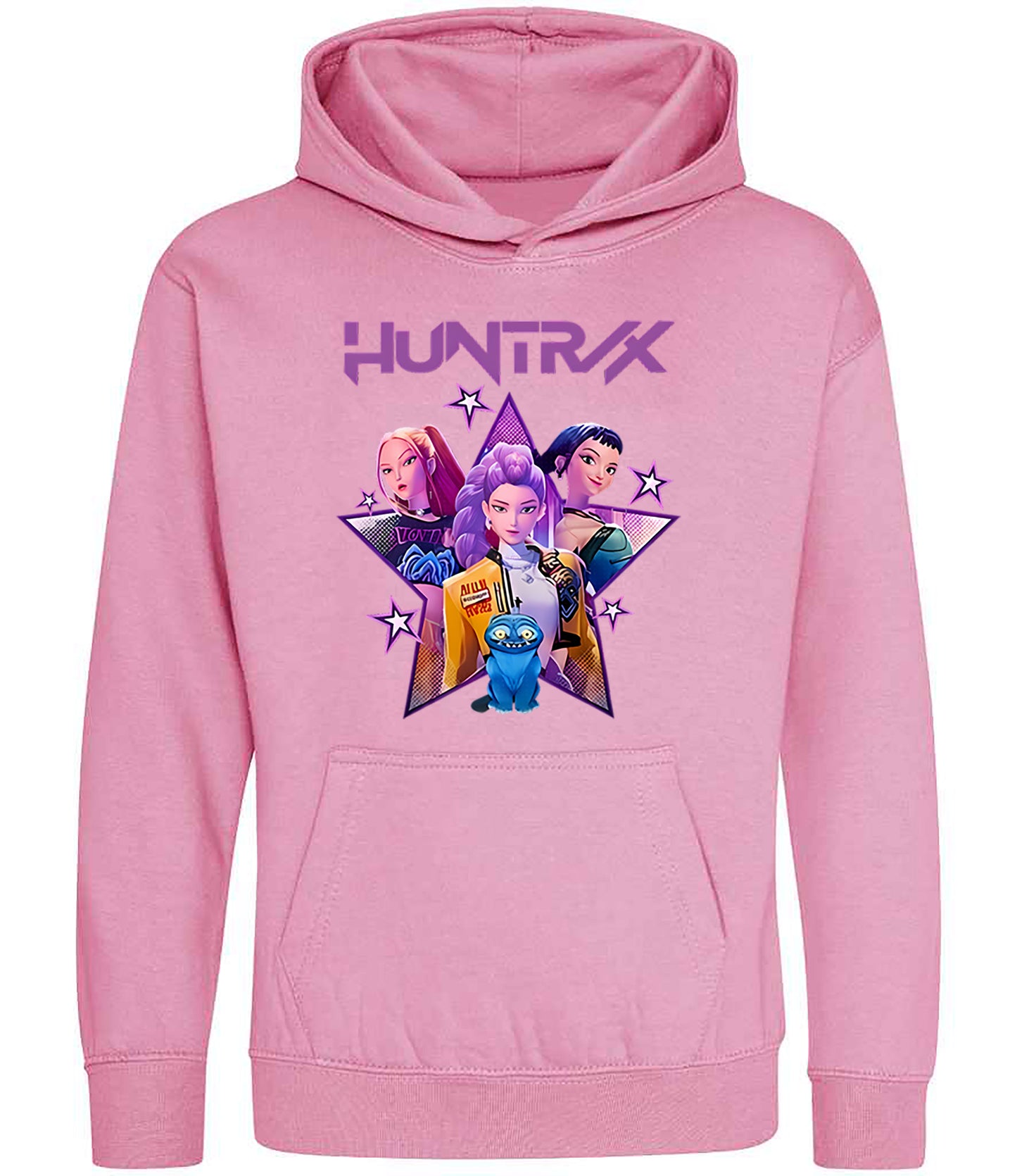 Pink hoodie with 'Huntix' design featuring characters and a star on a white background