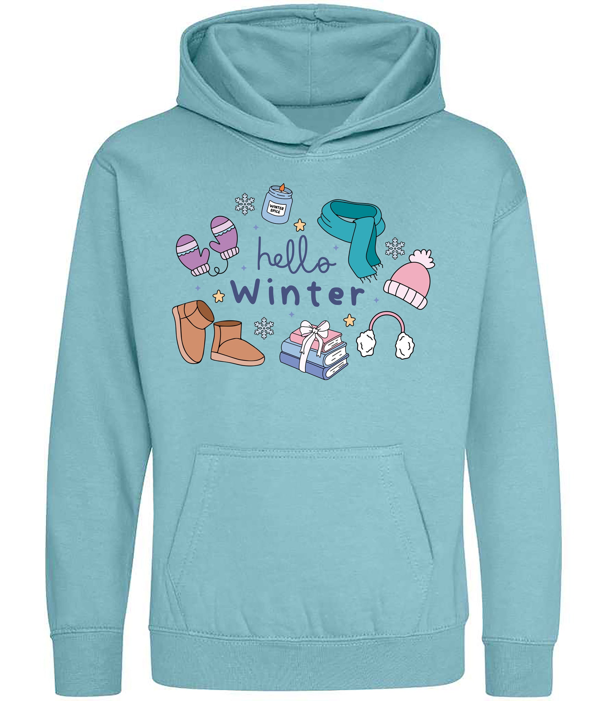 Light blue hoodie with winter-themed graphics on a white background