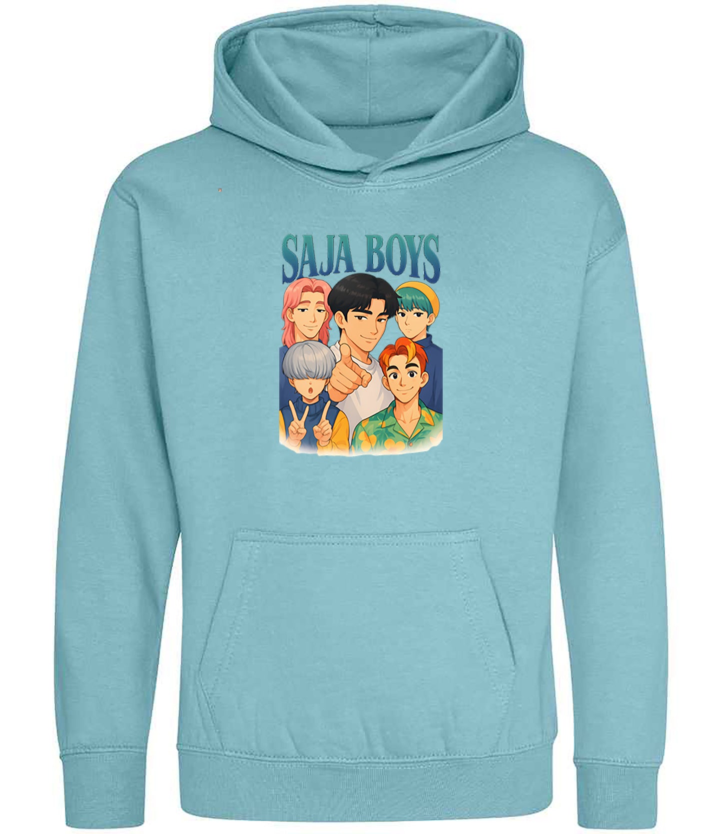 Light blue hoodie with 'Saja Boys' graphic on a white background