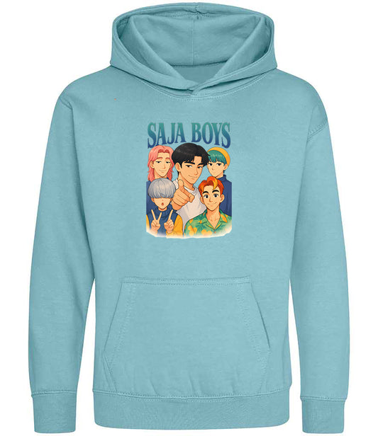 Light blue hoodie with 'Saja Boys' graphic on a white background