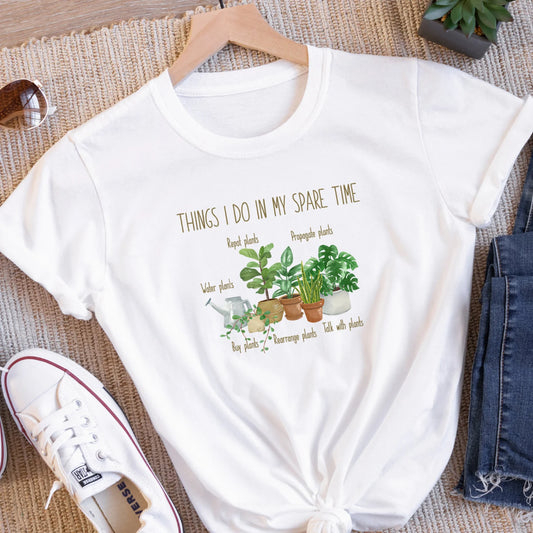 White t-shirt with plant-themed design 