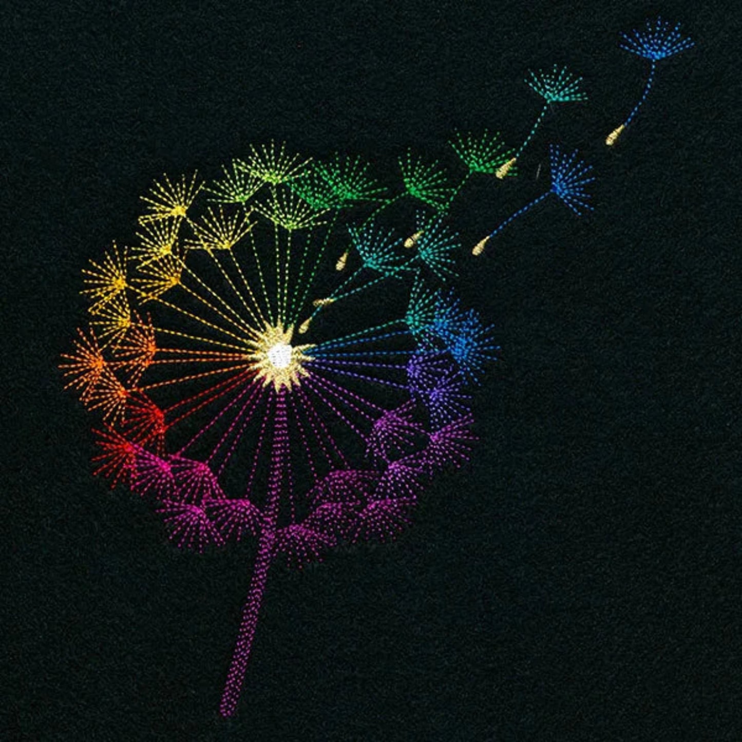 Colourful embroidered dandelion design on black sweatshirt