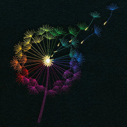 Colourful embroidered dandelion design on black sweatshirt