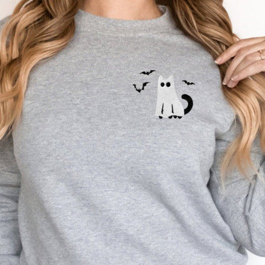 Grey sweatshirt with a black cat and bats embroidery design on the chest