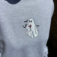Grey sweatshirt with a ghost holding a wine glass design embroidery.