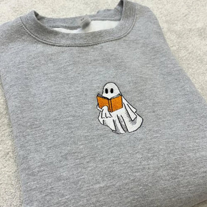 Ghost Reading Book Embroidered Sweatshirt