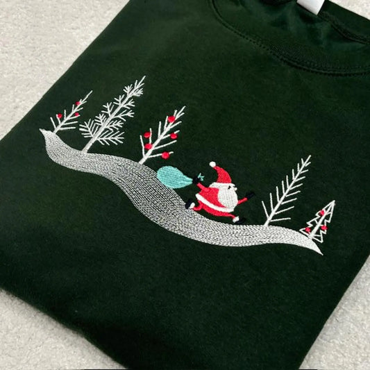 Dark Green Sweatshirt with Christmas-themed design featuring Santa Claus and trees