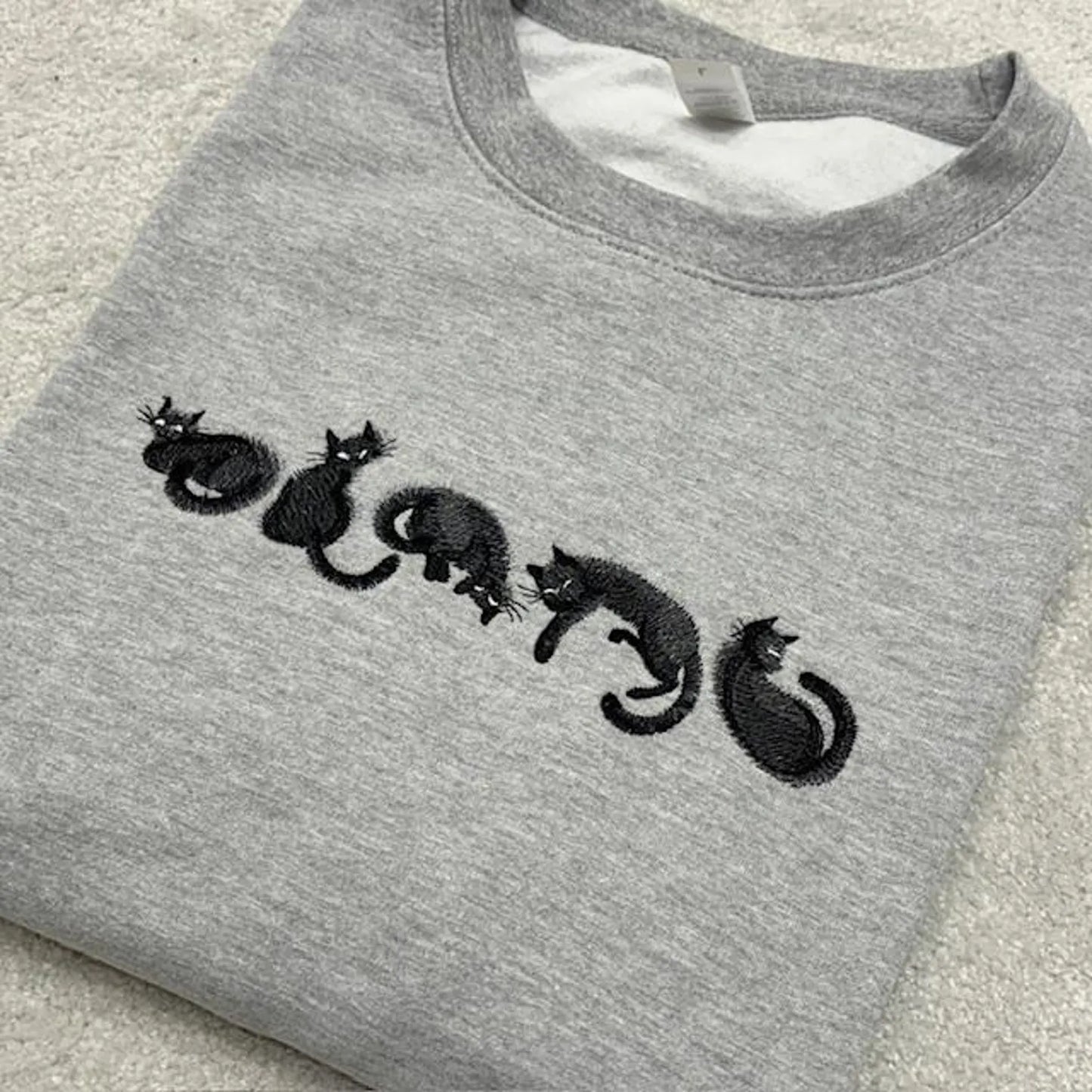 Black Fuzzy Cat Embroidered Sweatshirt or Hoodie