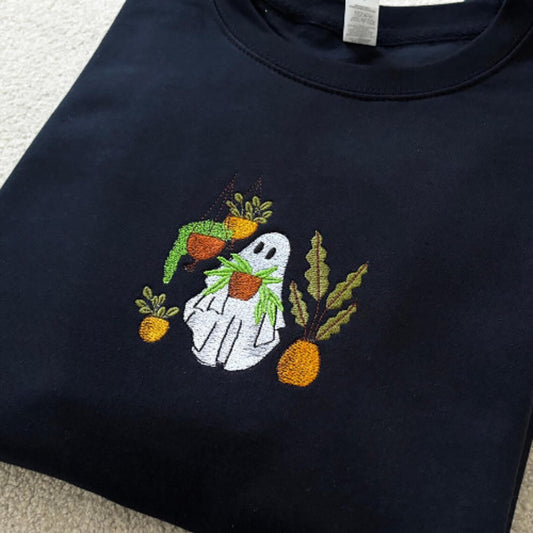 Sweatshirt with embroidered ghost holding plants