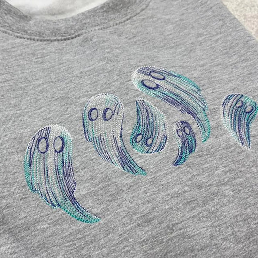 Grey sweatshirt with sketch style ghosts embroidered