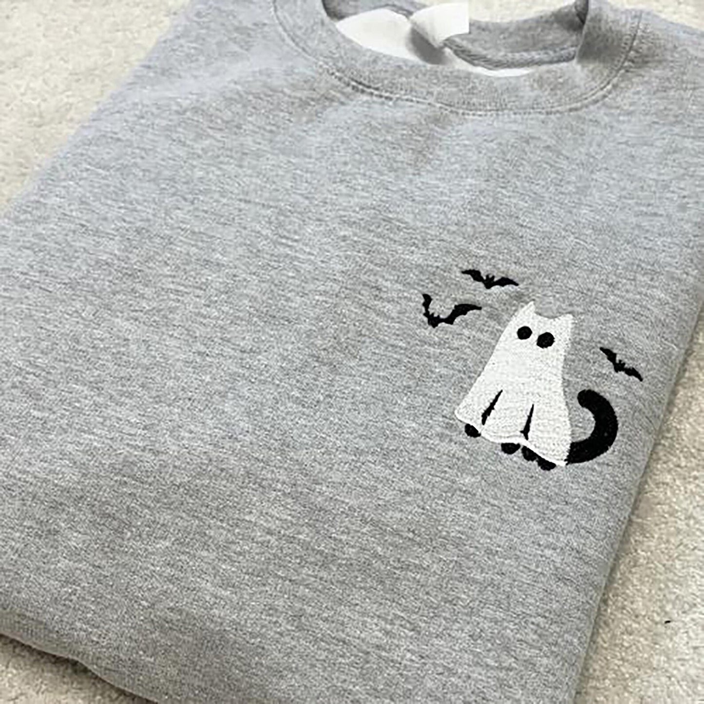 Ghostly Cat Embroidered Sweatshirt or Hoodie