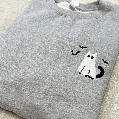 Ghostly Cat Embroidered Sweatshirt