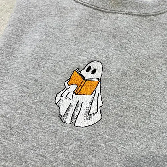 Gray sweatshirt with a ghost reading a book design 