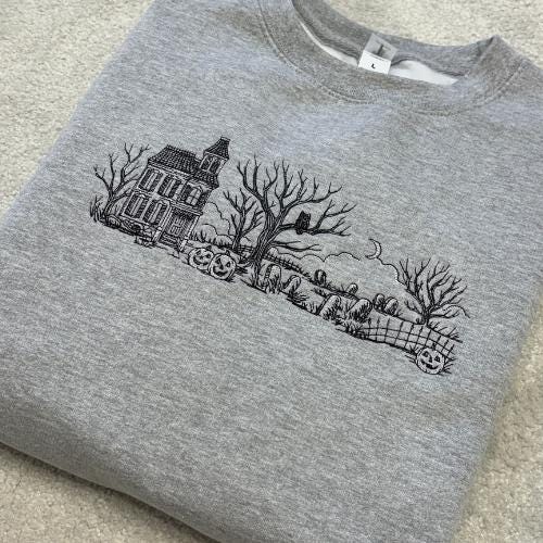 Haunted House Embroidered Sweatshirt: Heather Grey, Large 46"