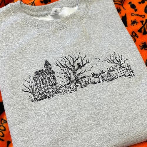 Haunted House Embroidered Sweatshirt: Heather Grey, Large 46"