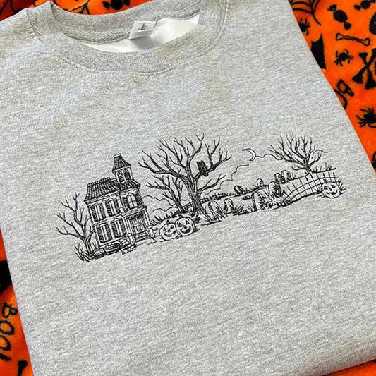 Haunted House Embroidered Sweatshirt: Heather Grey, Large 46"