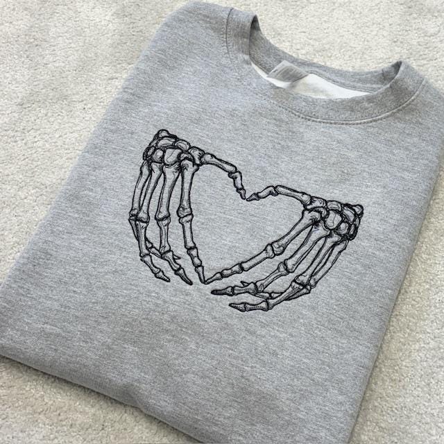 Embroidered Skeleton Heart Sweatshirt: Heather Grey, Medium 42" Chest