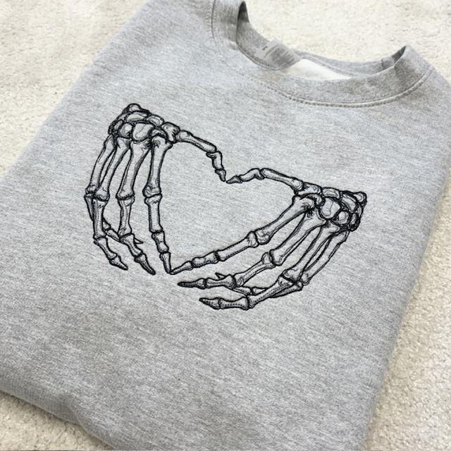 Embroidered Skeleton Heart Sweatshirt: Heather Grey, Medium 42" Chest