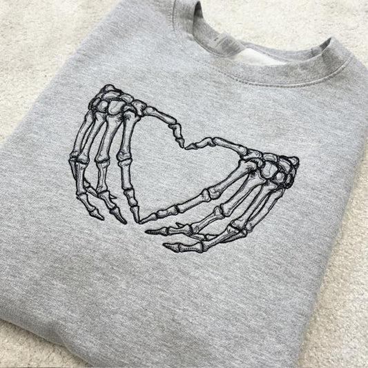 Embroidered Skeleton Heart Sweatshirt: Heather Grey, Medium 42" Chest