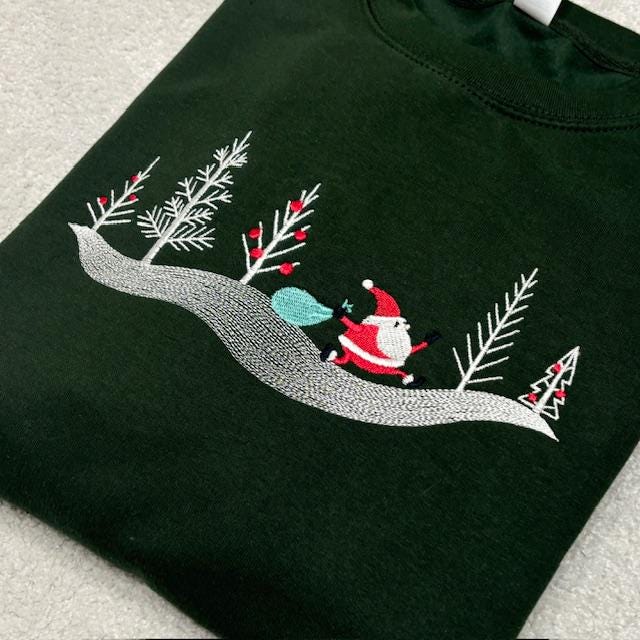 Embroidered Dashing Santa Sweatshirt: Forest Green, Medium 42" Chest