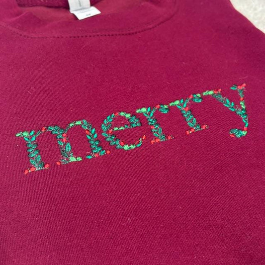 Floral Merry Embroidered Sweatshirt: Burgundy Medium 42" Chest