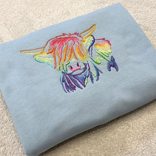 Embroidered Highland Cow Sweatshirt: Sky Blue, Large 46" Chest