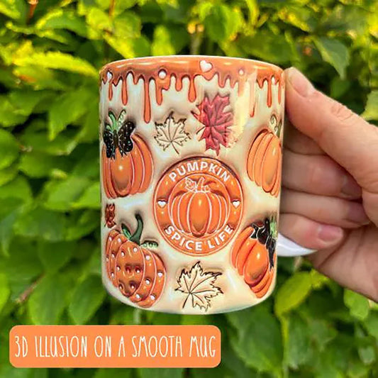 Ceramic mug with pumpkin spice design held against a green leafy background