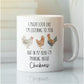 White mug with chicken illustrations and text on a white background